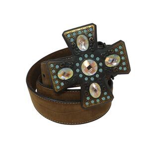Nocona Brown Croco Print Leather Belt Cross Crystal Buckle Womens Large